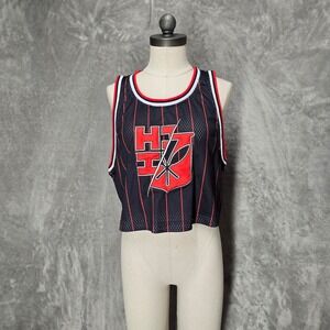 HI‎ FINEST Size L Cropped Jersey Tank Top Black Red Pinstripe Athletic Gym